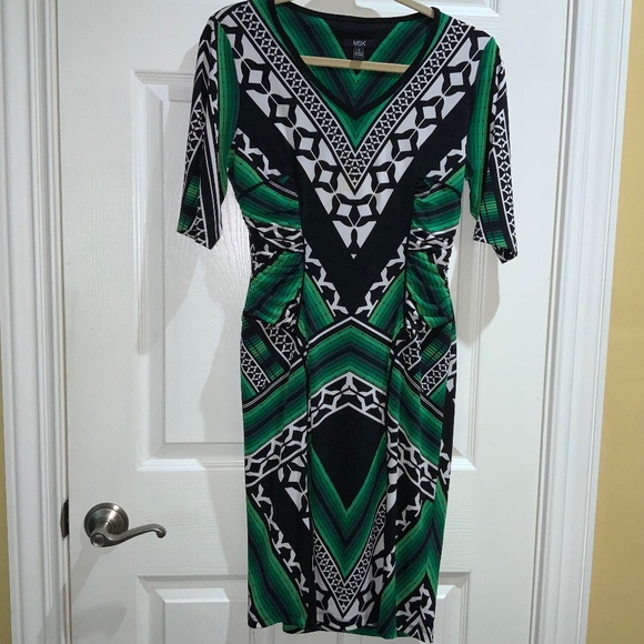 MSK V neck Bodycon dress Sz S green & black geometric print stretch - Picture 1 of 8